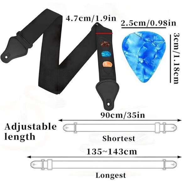 Adjustable guitar strap with pick holders fits electric acoustic bass guitar - Picture 3 of 7